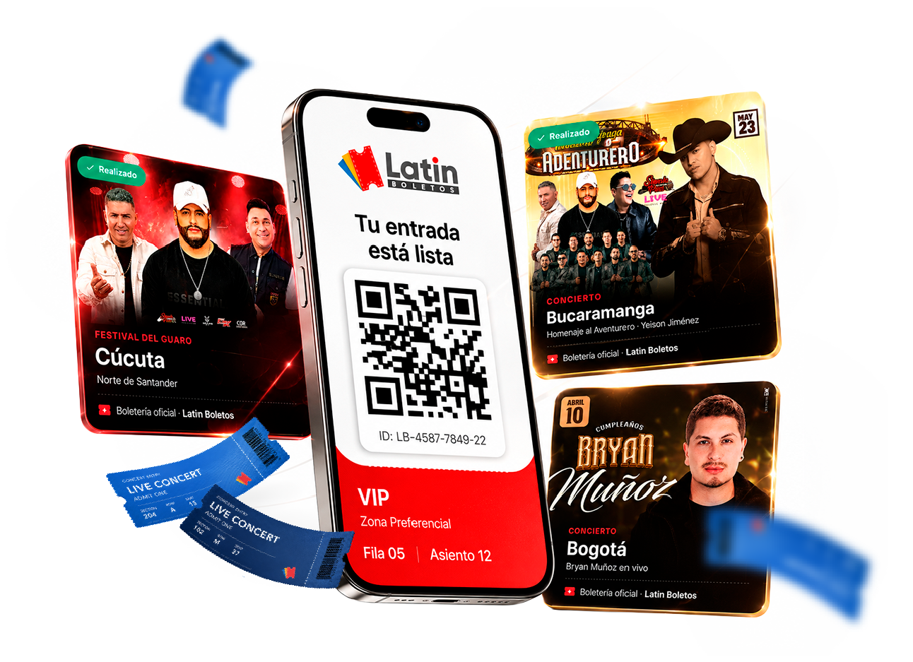 Tu entrada digital lista: celular con código QR y boletas de eventos Latin Boletos