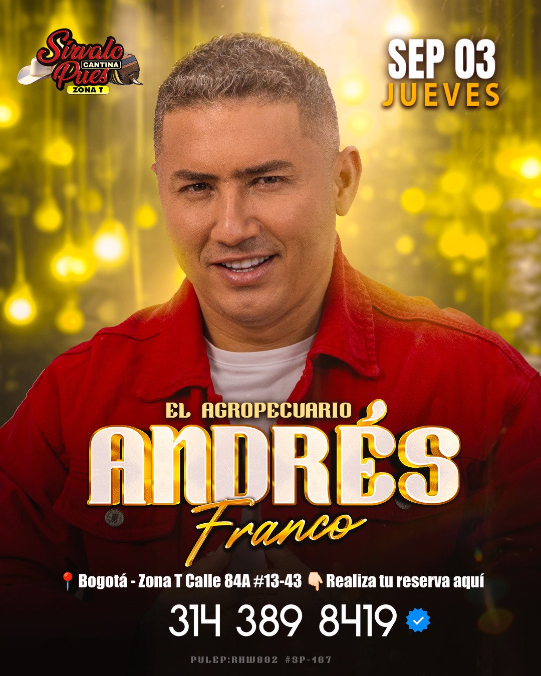 Andrés Franco en Sírvalo Pues Cantina Zona T, Bogotá — 3 de septiembre 2026
