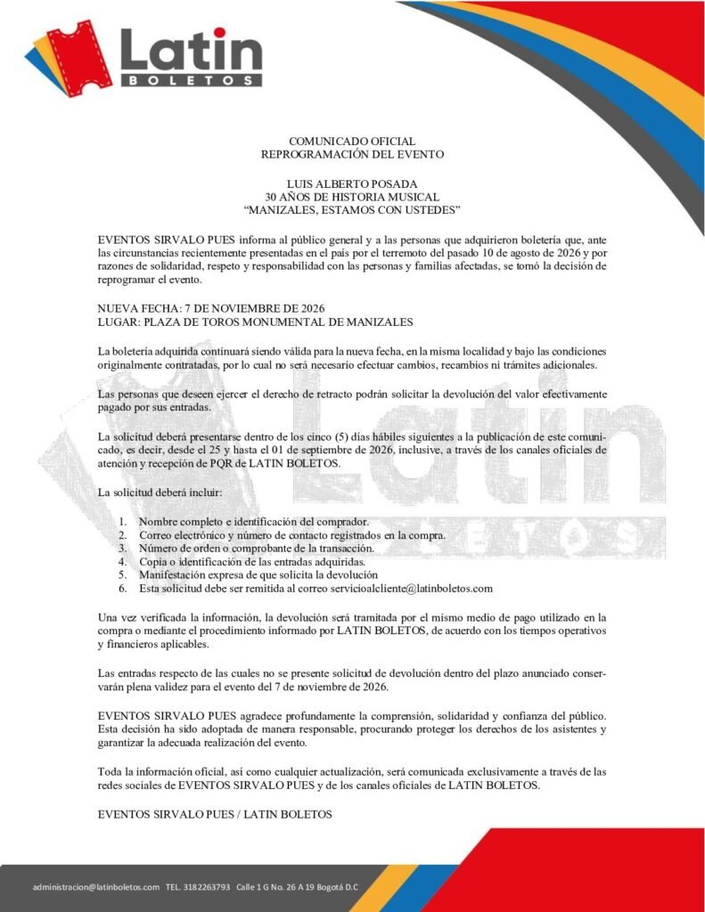 Comunicado oficial de reprogramación del concierto de Luis Alberto Posada en la Plaza de Toros Monumental de Manizales — nueva fecha 7 de noviembre de 2026