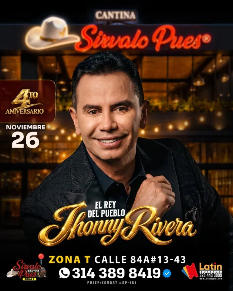 Jhonny Rivera en el 4.º Aniversario de Sírvalo Pues Cantina Zona T, Bogotá — 26 de noviembre 2026